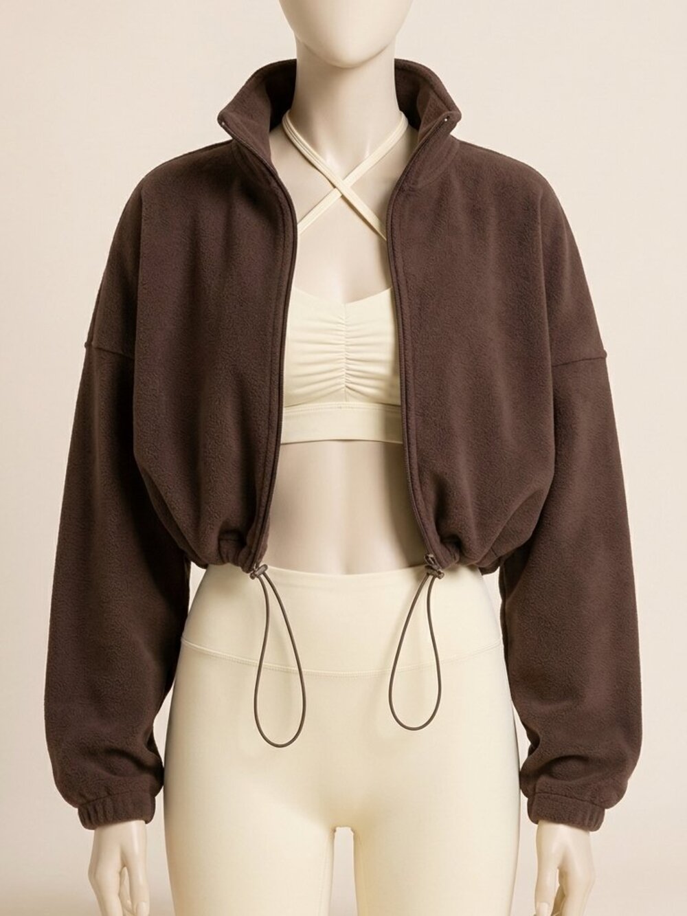 QINSEN Women's Brown Fleece Short Jacket Full Zip Stand Collar Loose Fit M